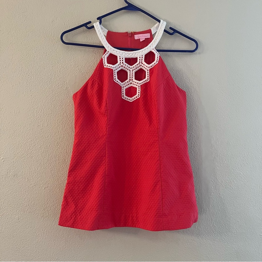 Lilly Pulitzer Coral Red Top with White Crochet Detail - Size 4